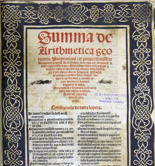 “Summa de Arithmetica, Geometria, Proportioni et Proportionalita”, el libro que escribió Luca Pacioli en 1494.