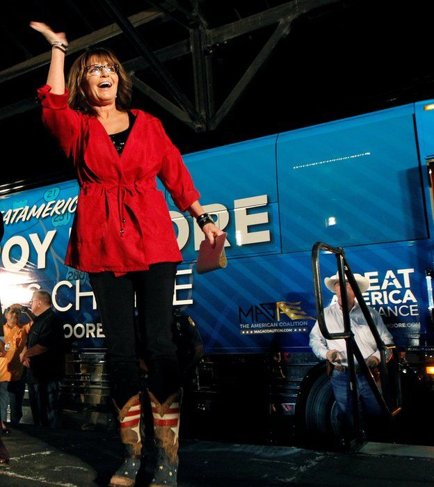 Former vice-presidential candidate Palin campaigns for U.S. Senate candidate Judge Roy Moore at the Historic Union Station Train Shed in Montgomery