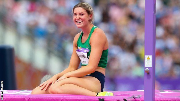 Kate O'Connor looks delighted with her performance in the second heptathlon discipline, the high jump