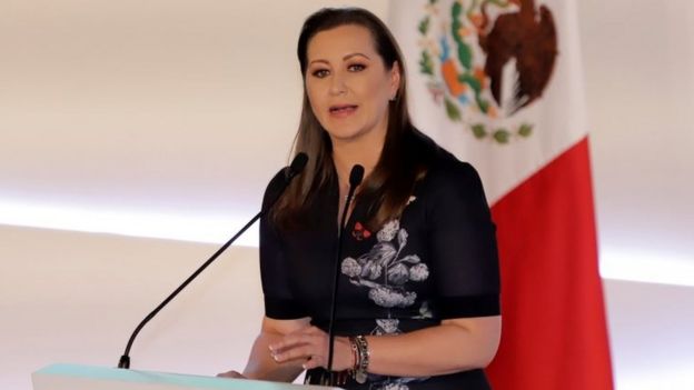 Martha Erika Alonso speaks during her swearing-in ceremony in Puebla state, Mexico. Photo: 14 December 2018