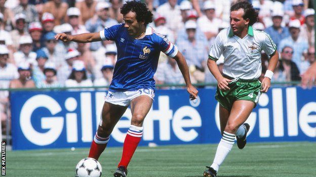 Michel Platini in action for France against Northern Ireland at the 1982 World Cup