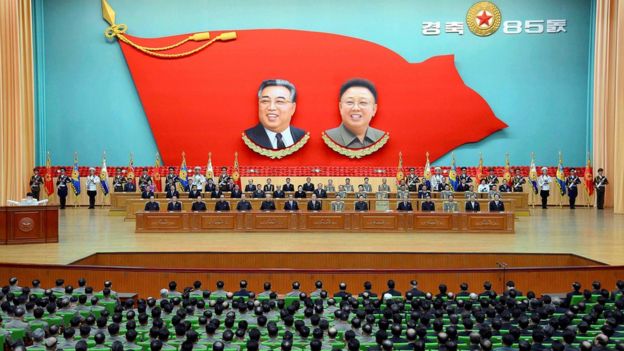 A national meeting at the People's Palace of Culture in Pyongyang to celebrate the 85th anniversary of the founding of the military