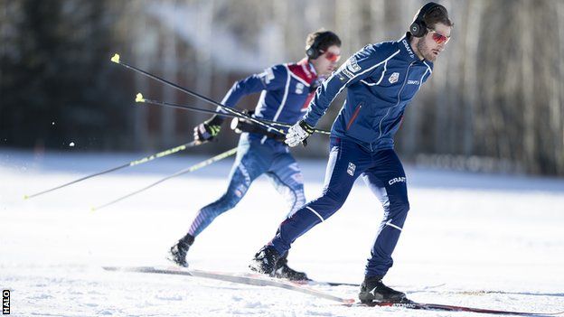 US Nordic combined skiers Bryan and Taylor Fletcher in training
