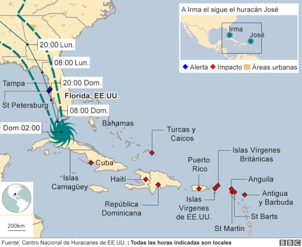 Versión actualizada (1300EST) del mapa de la trayectoria del huracán Irma.