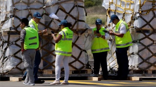 Humanitarian aid for Venezuela is inspected after being unloaded from a U.S. Air Force plane at Camilo Daza Airport in Cucuta, Colombia February 16, 2019