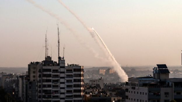 Palestinian militants fire rockets towards Israel from Gaza City on 12 November 2019