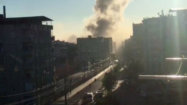 Smoke rises over Diyarbakir, Turkey, 4 November