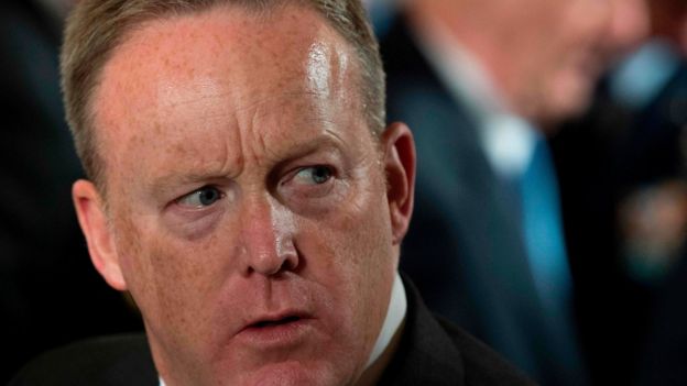 Outgoing White House Press Secretary Sean Spicer looks on during a Medal of Honor ceremony at the White House in Washington, DC, on July 31, 2017.