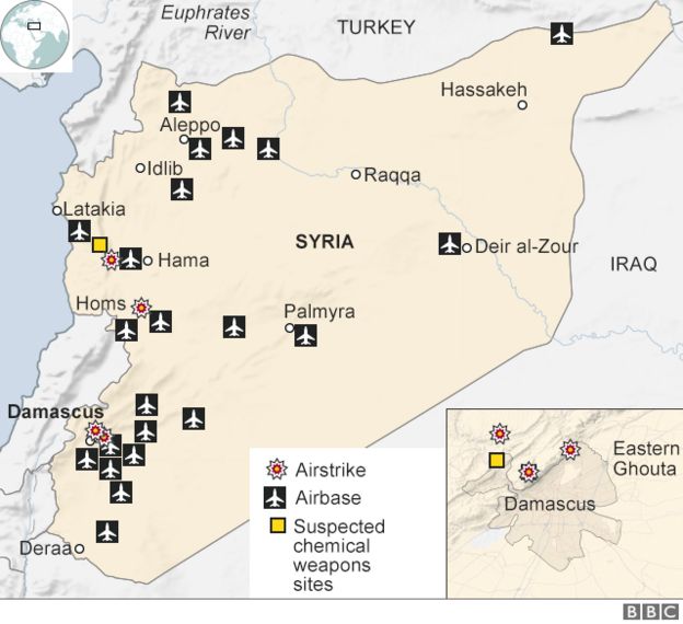 Map showing where strikes hit in Syria