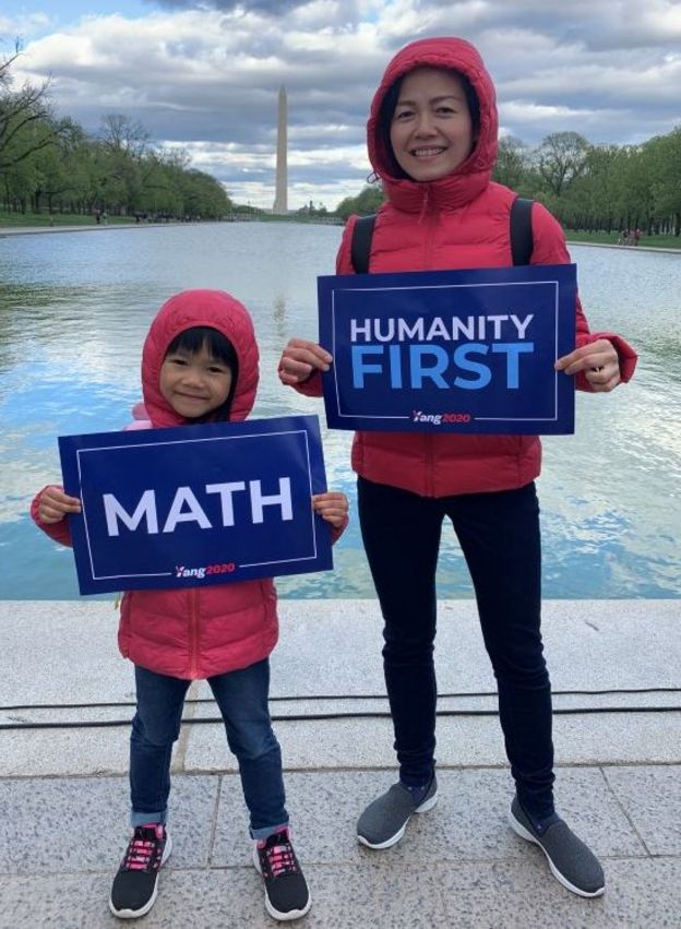 Chinese immigrant Allison Qiu brought her six-year-old daughter to a Yang rally