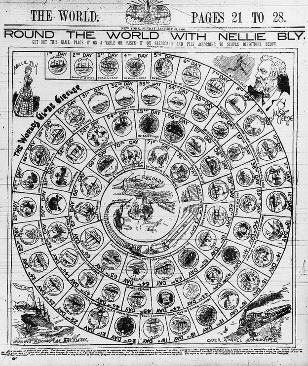 Jogo de tabuleiro 'A volta ao mundo com Nellie Bly', lançado para celebrar a viagem da jornalista. Cada casa equivale a um dia de viagem, e o tabuleiro é ilustrado com imagens de Bly, do escritor Júlio Verne, de um navio a vapor e de um trem