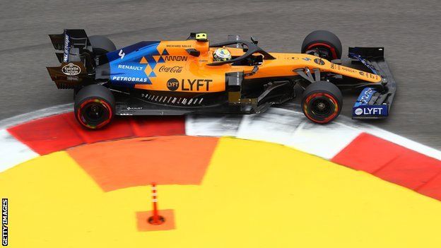 Lando Norris driving a McLaren in practice for the Russian Grand Prix