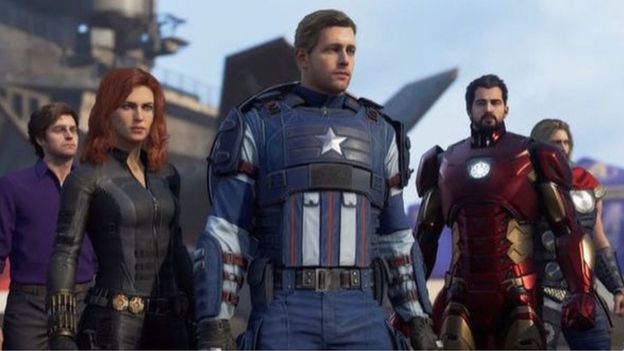 Una captura de pantalla del juego Avengers en producción muestra a los personajes de Bruce Banner, Black Widow, Capitán América, Iron Man y Thor.