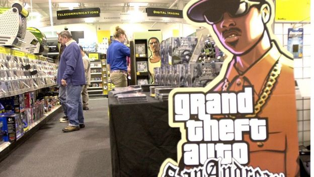 Promoción de GTA San Andreas en una tienda en Portland.