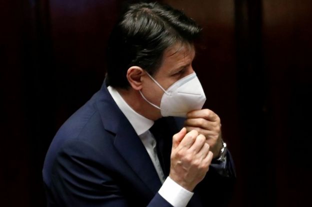 Italian Prime Minister Giuseppe Conte wears a face mask in Rome, Italy, on 21 April, 2020.