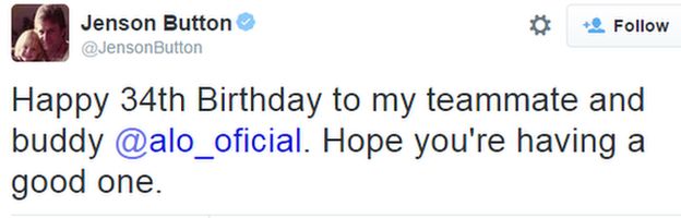Jenson Button wishes Fernando Alonso a Happy Birthday on Twitter