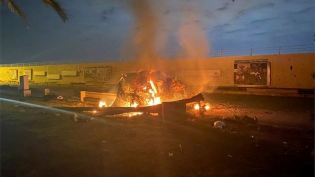 Burning debris outside Baghdad International Airport