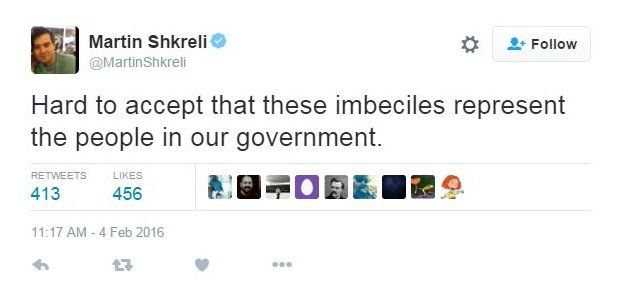 Martin Shkreli tweets: "Hard to accept that these imbeciles represent the people in our government"