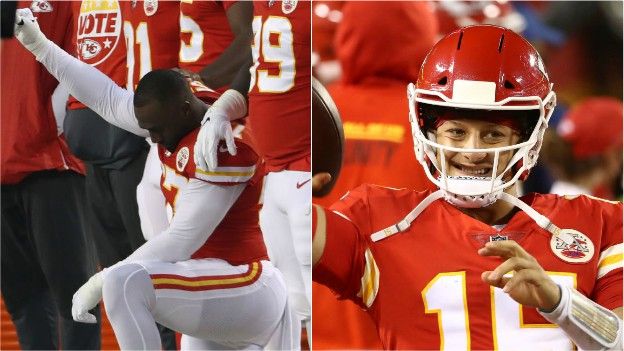 Alex Okafor took a knee during the national anthem and when the season started Patrick Mahomes (right) was once again key for the Chiefs