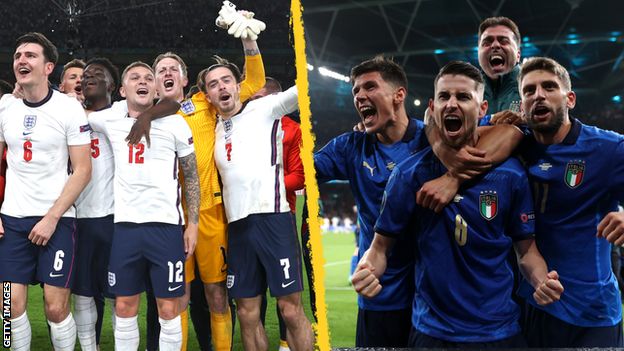 England and Italy players celebrate reaching the Euro 2020 final