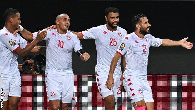 Tunisia celebrate a goal against Mauritania