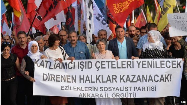 People hold a banner that reads "ISIS will be defeated, resisted peoples will win" during a protest against the Suruc attack in Ankara (20 July)