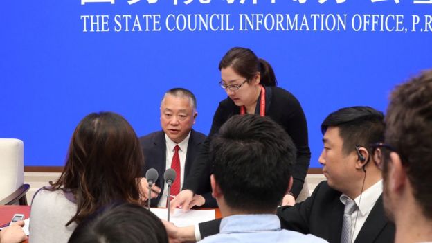 Liu Yuejin addresses a news conference on fentanyl-related substances control, in Beijing, China April, 1, 2019