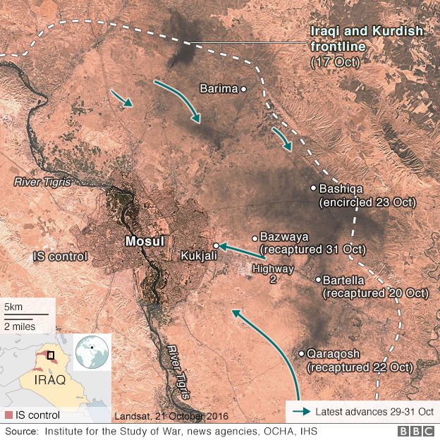 Map showing Iraqi and Kurdish advances on Mosul (1 November 2016)