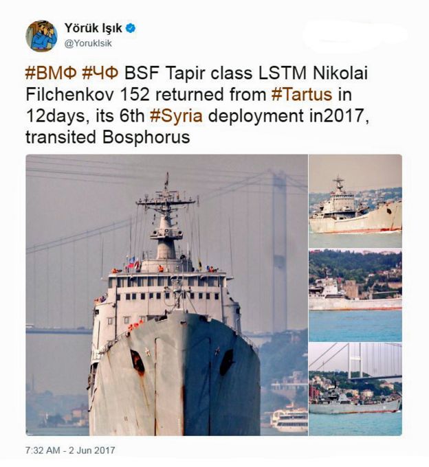 Un tuit de @YorukIsik sobre un barco de guerra de Rusia.