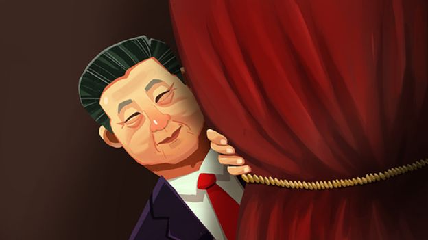 An illustration of Chinese President Xi Jinping peering out from behind a stage curtain.