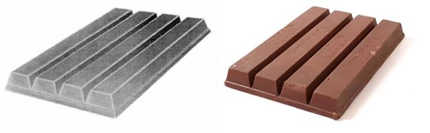A composite image shows a black and white graphic of a KitKat shape, left, next to a real photographed Kit Kat, right