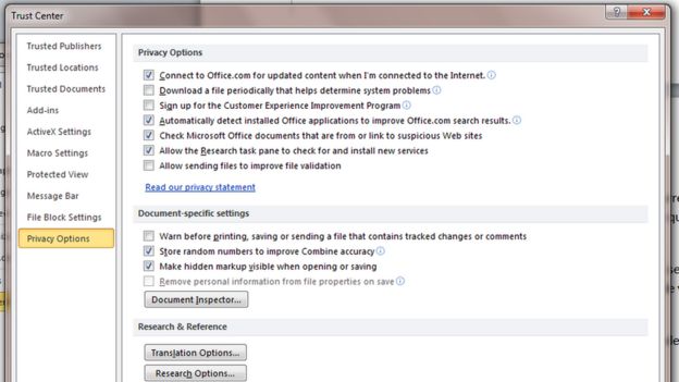 Página de opciones de privacidad en Word
