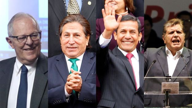 Los expresidentes de Perú Pedro Pablo Kuczynski, Alejandro Toledo, Ollanta Humala y Alan García.