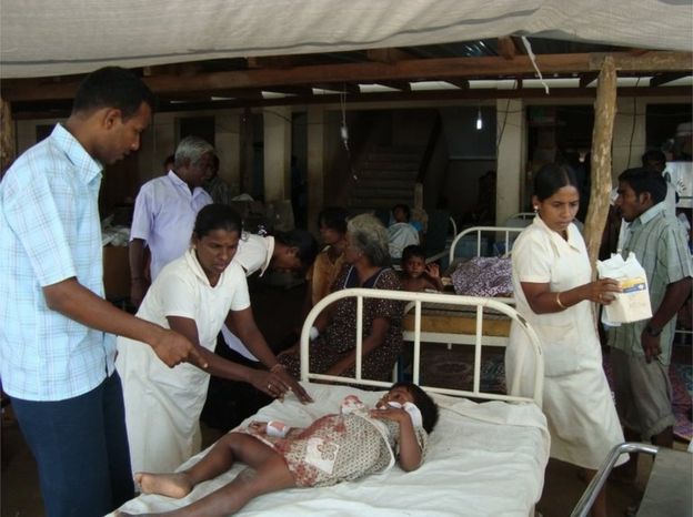 An injured child at a hospital in an LTTE-controlled area in the Vanni region in northern Sri Lanka as a result of recent fighting between government forces and the separatist Liberation Tigers of Tamil Eelam (LTTE).