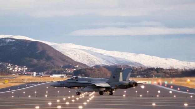 A Spanish F-18 prepares for take-off at Bodo Airport during Trident Juncture excercise in Norway, 31 October