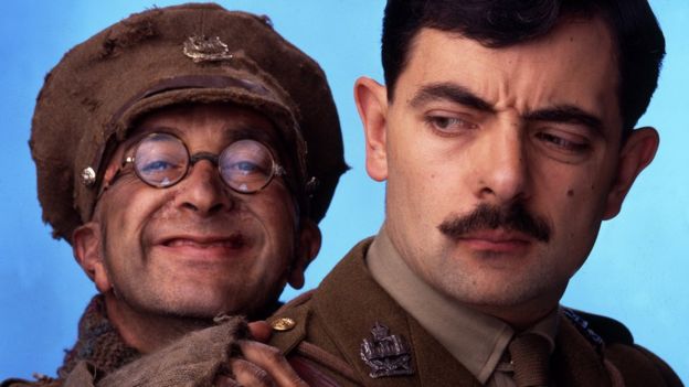 Still from the BBC comedy Blackadder Goes Forth, showing Tony Robinson as Private S Baldrick and Rowan Atkinson as Captain Edmund Blackadder