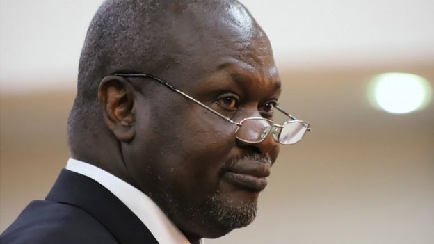 South Sudan"s First Vice President Riek Machar takes the oath of office at the State House in Juba, South Sudan, February 22, 2020