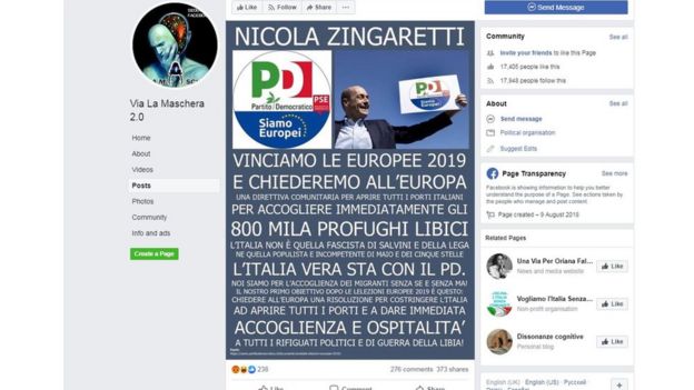 Facebook screengrab showing a post from a populist group