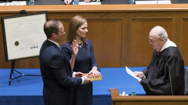 Judge Amy Coney Barrett during her investiture as judge for the US Court of Appeals for the Seventh Circuit in 2018