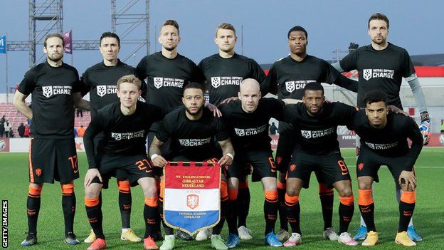 Netherlands wear t-shirts saying "football supports change" ahead of their World Cup qualifier against Gibraltar