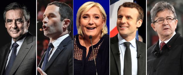 From L to R: François Fillon, Benoît Hamon, Marine Le Pen, Emmanuel Macron and Jean-Luc Mélenchon