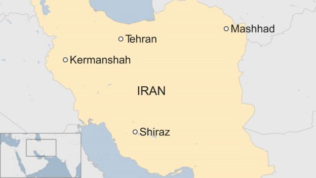 Iran map showing Kermanshah in the west, Mashhad in the north-east and Shiraz in the south