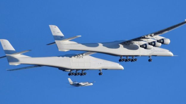 Stratolaunch, the world's largest plane, takes its maiden flight over California, April 2019