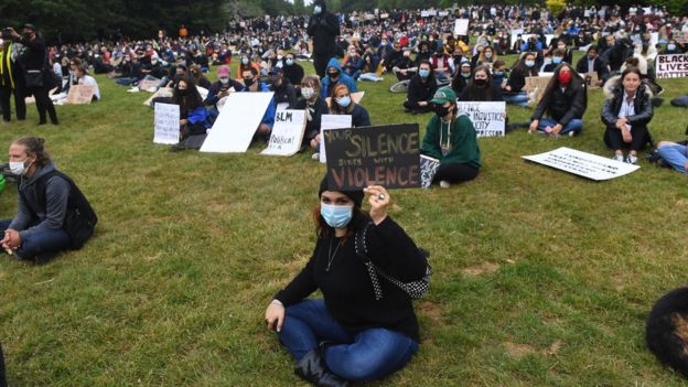 Hundreds have attended protests in Cardiff to show their support with many wearing masks