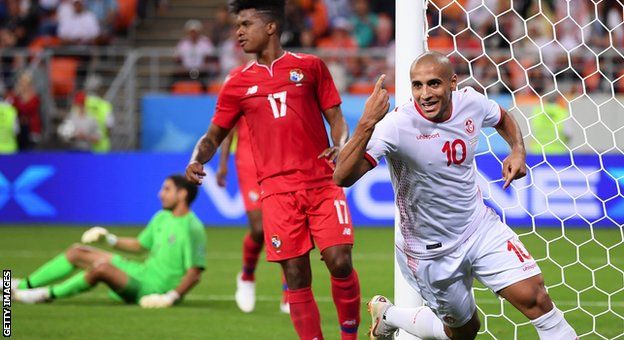 Wahbi Khazri celebrates a goal against Panama at the 2018 World Cup