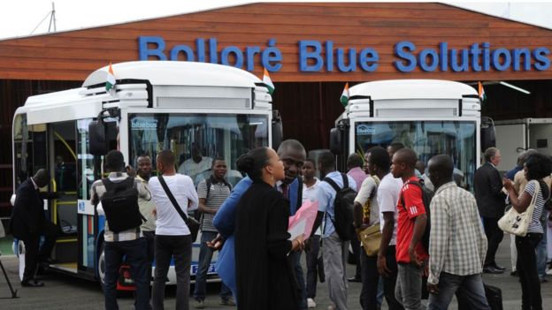The batteries at this electric bus charging station in Abidjan, Ivory Coast, are powered by solar energy.