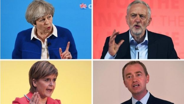 May (Muhafazakâr Parti), Corbyn (İşçi Partisi). Sturgeon (İskoç Ulusal Partisi), Farron (Liberal Demokrat Parti)