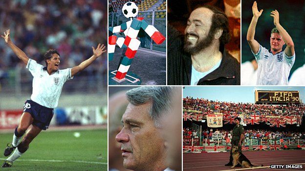 Gary Lineker, the Ciao mascot, Luciano Pavarotti, Paul Gascoigne, Bobby Robson, England fans and an Italian policeman and police dog