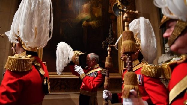 Gentlemen at Arms prepare for the arrival of the Queen at the Norman Porch during the State Opening of Parliament