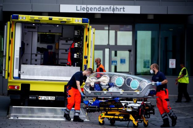 German paramedics transport Russian opposition activist Alexei Navalny at the Charité clinic in Berlin, Germany, 22 August 2020